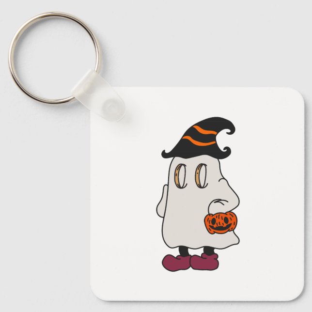 Chaveiro Ghost holding pumpkin and wearing witch hat (Frente)