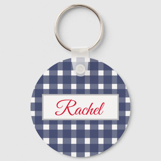 Chaveiro Gingham Branco Azul Personalizado (Frente)