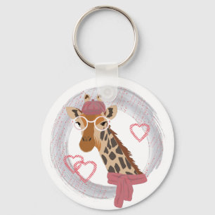 Chaveiro Girafa com óculos e uma boina vermelha