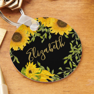Chaveiro Girassóis Amarelos Nome personalizado floral preto