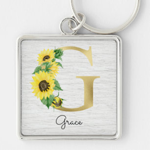 Chaveiro Girassol Dourado Monograma Inicial Floral Feminino