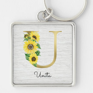 Chaveiro Girassol Floral Inicial U Dourado Monogramado