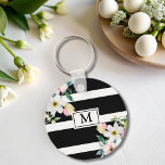 Chaveiro Girassol Flores Monograma Branco Negro Strike<br><div class="desc">Adorado com delicados padrões florais e colocado sobre um clássico fundo listrado preto e branco,  este chaveiro de na moda adiciona um sofisticado,  porém brincalhão,  a qualquer acessório. Personalize-o com o seu próprio monograma para um toque verdadeiramente único.</div>