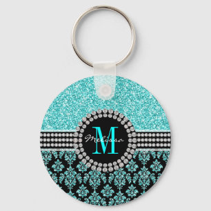 Chaveiro Girly Aqua Blue Glitter Monogram Damask Name