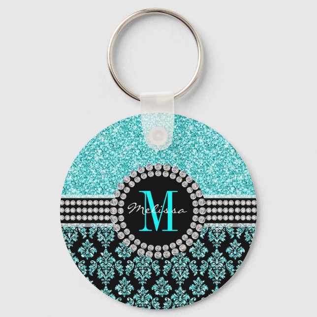 Chaveiro Girly Aqua Blue Glitter Monogram Damask Name (Frente)