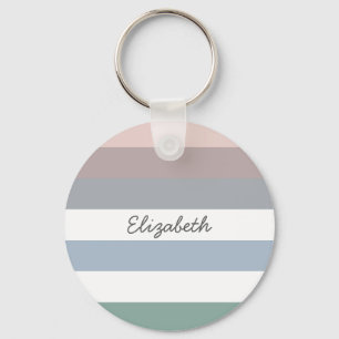 Chaveiro Girly Beige Blue Wide Stripes Horizontais Com Nome