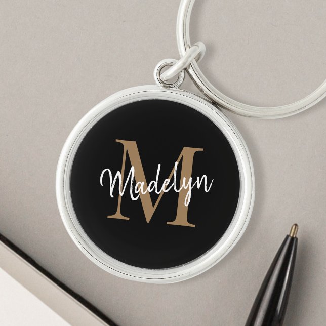 Chaveiro Girly Black Dourado Monograma Name Elegante Chic S (Personalized black gold keychain with your name and initials in a modern girly script font.)
