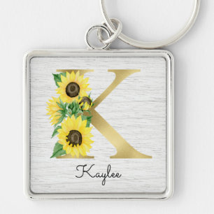 Chaveiro Girly Floral Inicial K de Girassol em Ouro Monogra
