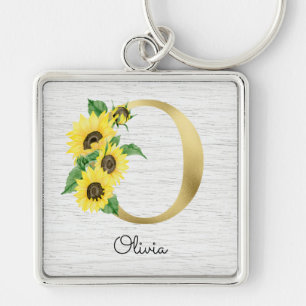 Chaveiro Girly Floral Inicial O de Girassol em Ouro Monogra