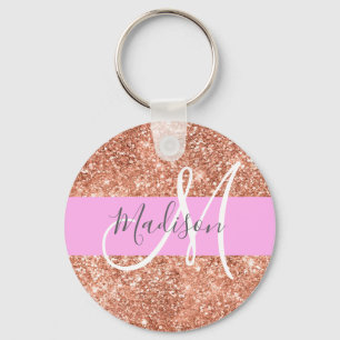 Chaveiro Girly Glam Rosa Dourado Glitter Monograma Nome