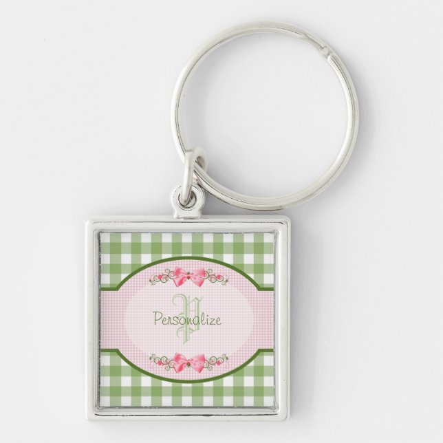 Chaveiro Girly Green Gingham Monograma Com Nome (Frente)