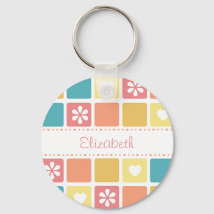 Chaveiro Girly Heart Squares Retro Daisy Flowers and Name