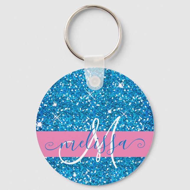 Chaveiro Girly Pink Blue Glitter Sparkles Nome do Monograma (Frente)