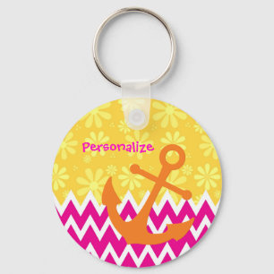 Chaveiro Girly Pink Chevrons Orange Anchor Com Nome