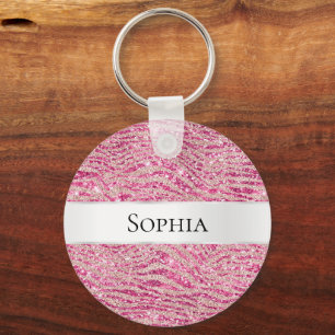 Chaveiro Girly Pink e Blush Glitter Zebra Name