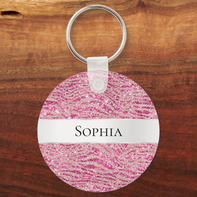 Chaveiro Girly Pink e Blush Glitter Zebra Name (Frente)
