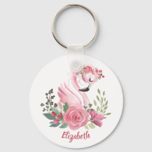 Chaveiro Girly Pink Flamingo Floral Nome do Rosa