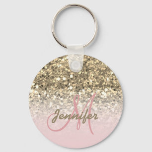 Chaveiro Girly Pink Gold Glitter Sparkles Monogram Name