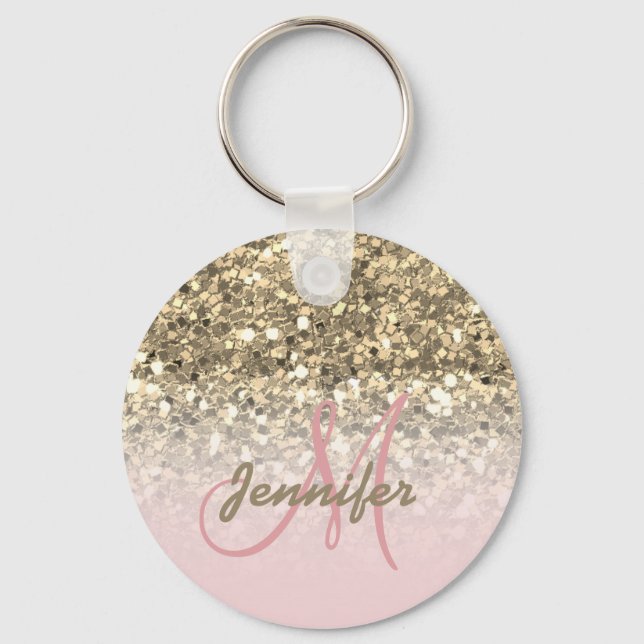 Chaveiro Girly Pink Gold Glitter Sparkles Monogram Name (Frente)