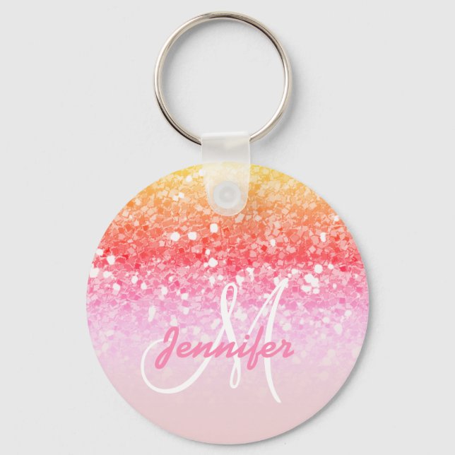 Chaveiro Girly Pink Rainbow Glitter Sparkles Monogram Name (Frente)