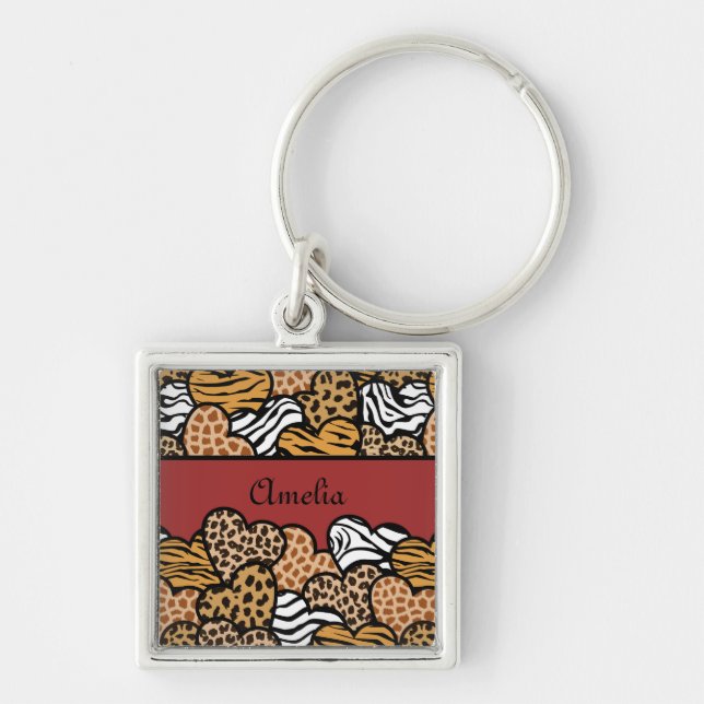 Chaveiro Girly Red Playful Animal Print Hearts Name (Frente)