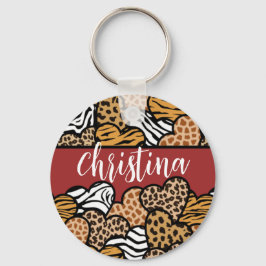 Chaveiro Girly Red Playful Animal Print Hearts Name