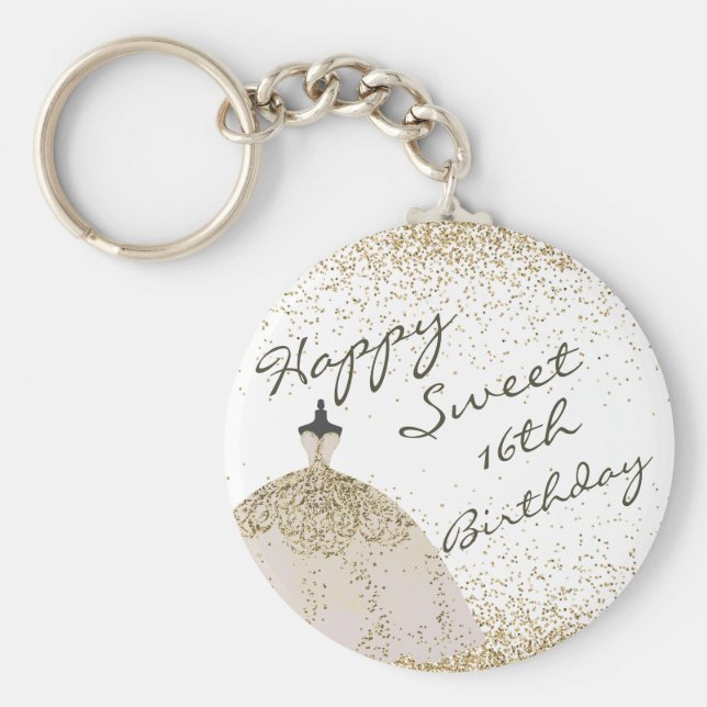 Chaveiro Girly White Ouro Ball Gown Doce 16º aniversário (Frente)