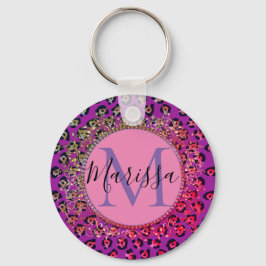 Chaveiro Glam Leopard Pink e Monograma Roxo