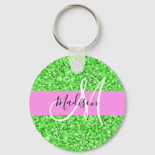 Chaveiro Glam Pink and Green Glitter Sparkles Monogram Name