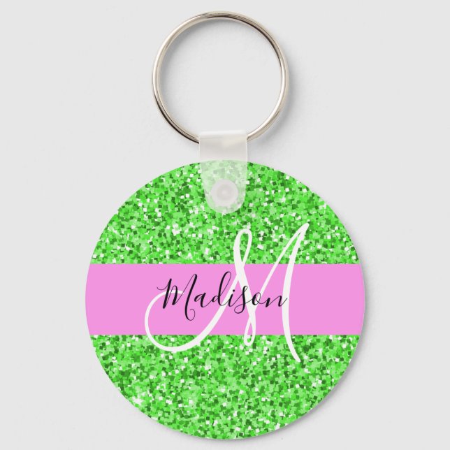 Chaveiro Glam Pink and Green Glitter Sparkles Monogram Name (Frente)