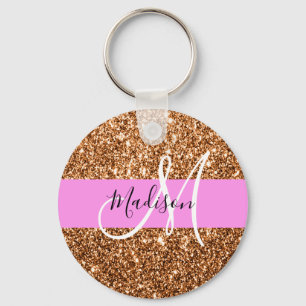 Chaveiro Glam Pink & Copper Glitter Sparkles Monogram Name