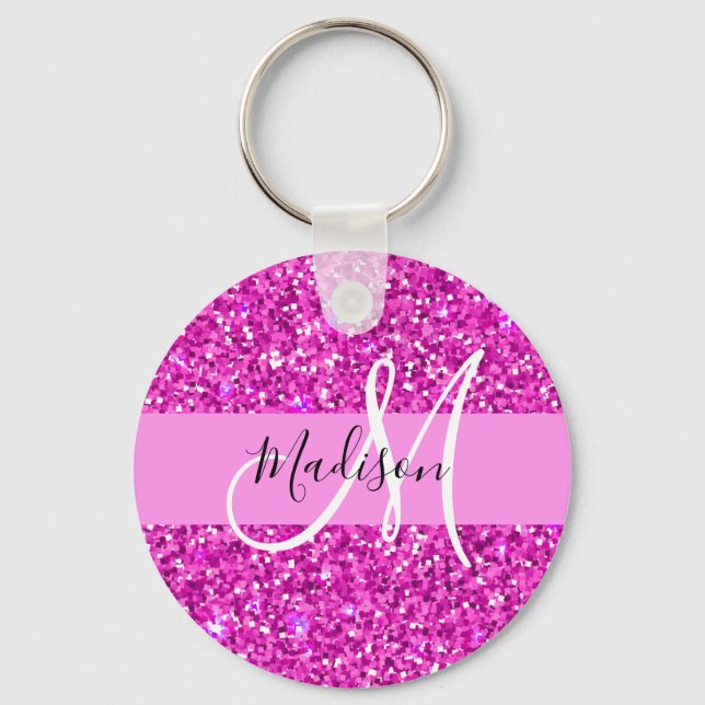 Chaveiro Glam Pink & Magenta Glitter Sparkle Monogram Name (Frente)