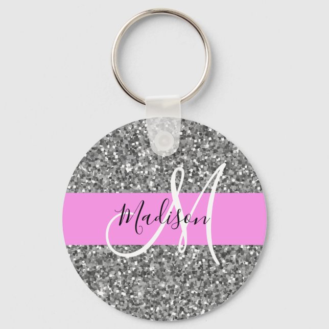 Chaveiro Glam Pink & Silver Glitter Sparkles Monogram Name (Frente)