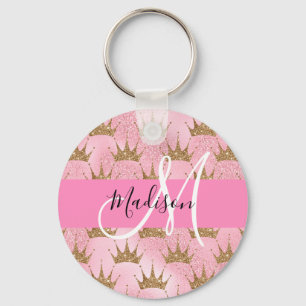 Chaveiro Glam Rosa e Dourado Brilho Faíscas Coroas Monogram