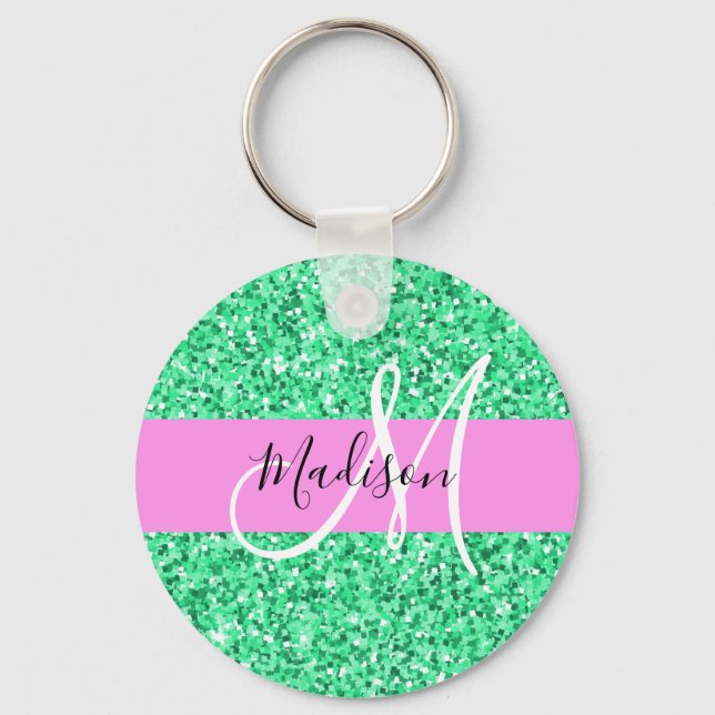 Chaveiro Glam Rosa e Verde Brilho Monograma Nome (Frente)