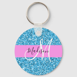 Chaveiro Glam Sky Blue Glitter Sparkles Nome Monograma