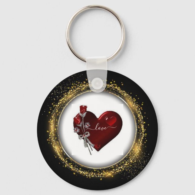Chaveiro Glitter Diamond e Dourado Namorados Heart Key (Frente)
