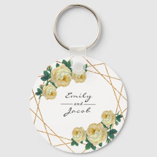 Chaveiro Glitter Dourado Elegante Amarelo de Wed Floral Geo