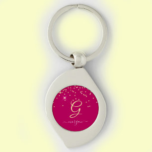 Chaveiro Glitter Dourado & Monograma Nome em Letra Branca,
