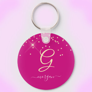 Chaveiro Glitter Dourado & Monograma Nome em Letra Branca,