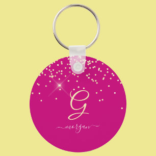 Chaveiro Glitter Dourado & Monograma Nome em Letra Branca,