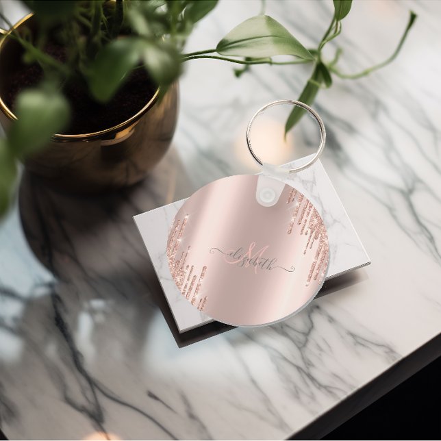 Chaveiro Glitter Moderno Coloca Rosa Monograma Dourado (Criador carregado)