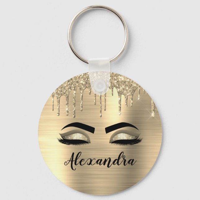 Chaveiro Glitter Sparkle Eyelashes Dourado Nome do Monogram (Frente)