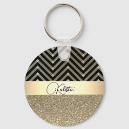 Chaveiro Glittery Dourada e Black Chevron Personalizado