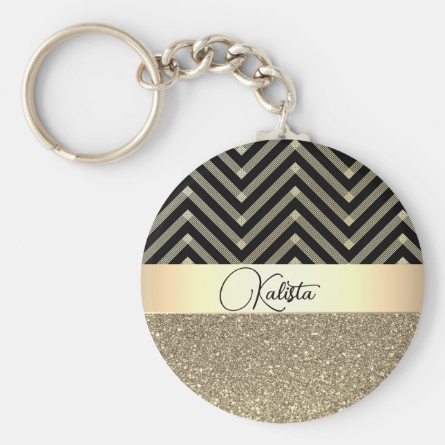 Chaveiro Glittery Gold and Black Chevron   (Frente)