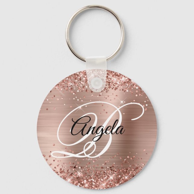 Chaveiro Glittery Rose Gold Folha Fancy Monograma (Frente)