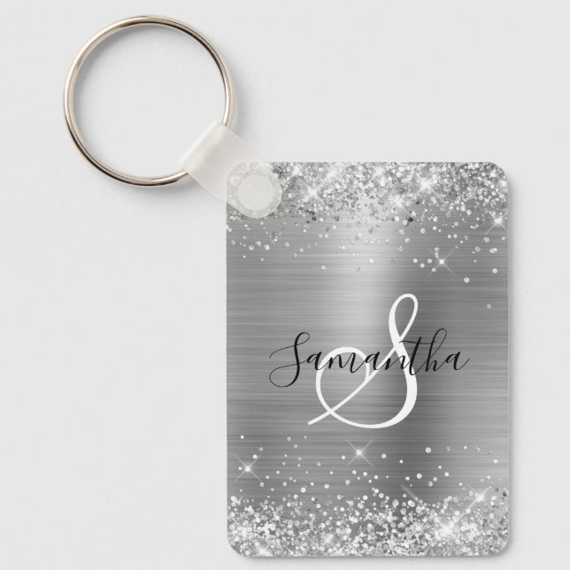 Chaveiro Glittery Silver Foil Elegant Monogrammed (Frente)