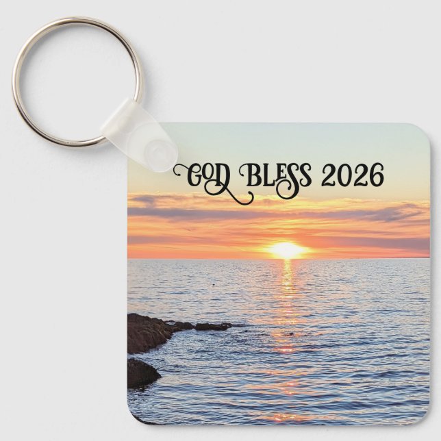 Chaveiro God Bless 2026 New Year Golden Sunset Photo Name (Frente)