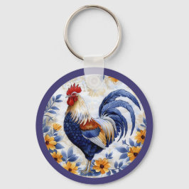 Chaveiro Gold Floral Blue Rooster Farmhouse