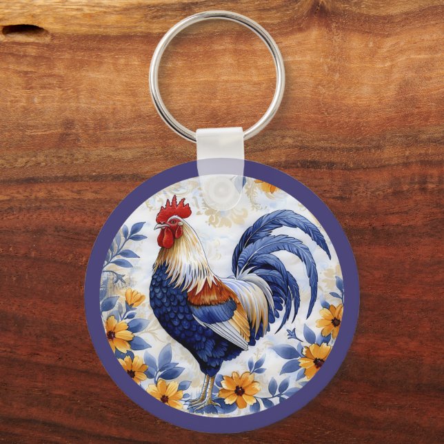 Chaveiro Gold Floral Blue Rooster Farmhouse (Frente)
